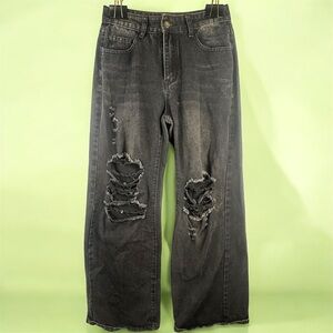 Distressed Wide Leg Baggy Faded Black Jeans Sz 4 Grunge 90s Y2K Punk Skater